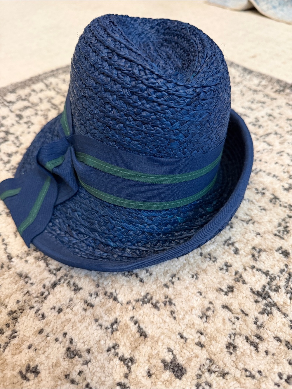 BCBGMaxAzria Navy raffia Fedora with Green Stripe Band